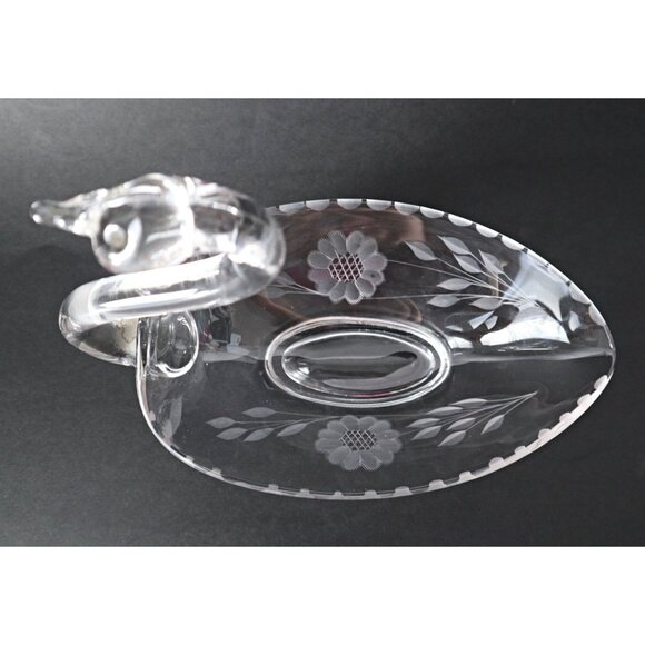 Vintage Swan Candy Dish Etched Cornflower Pattern WJ Hughes Canada - Picture 3 of 5